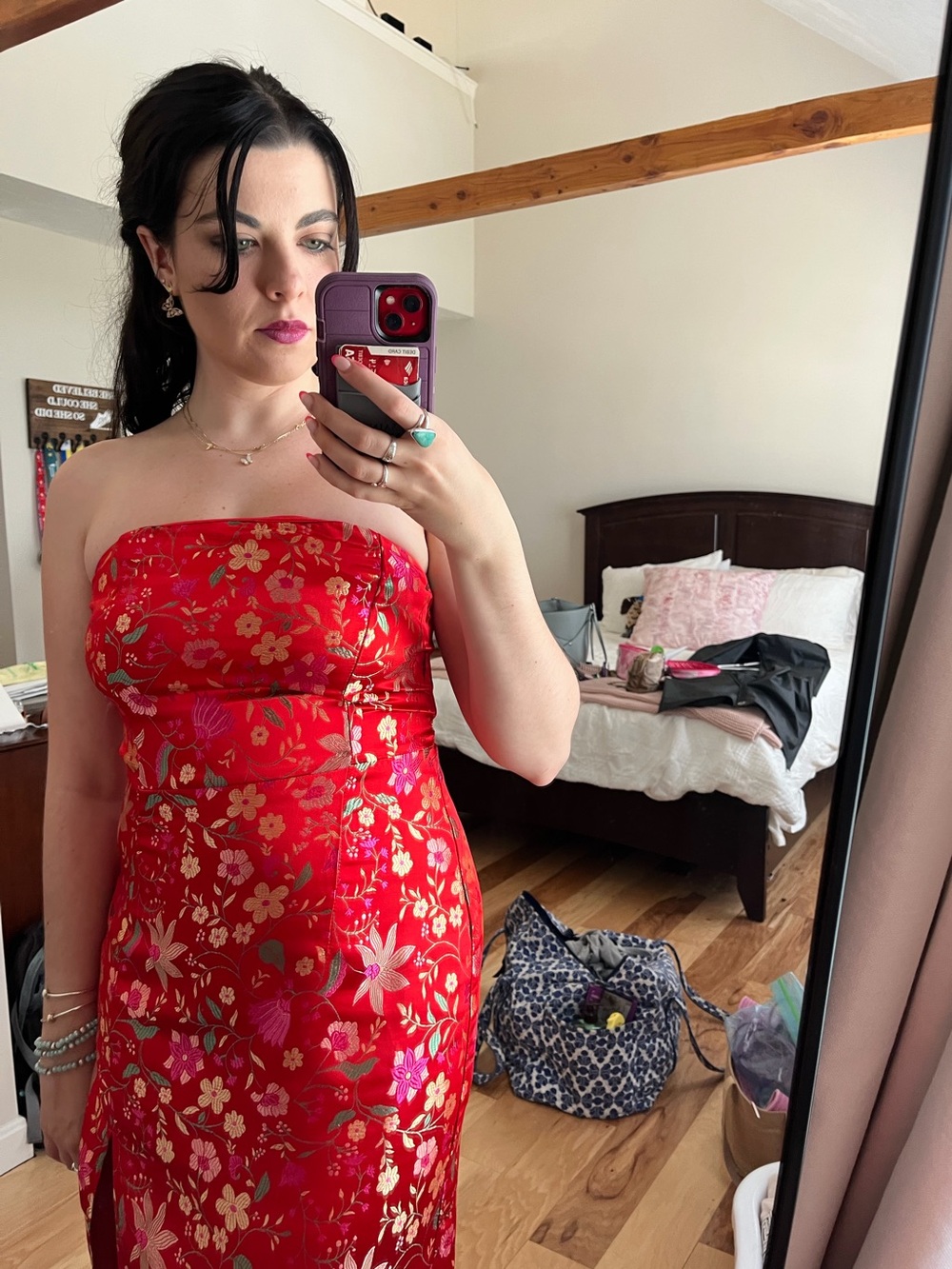 Lulu’s Racy Red Floral Strapless Summer Cocktail Dress
